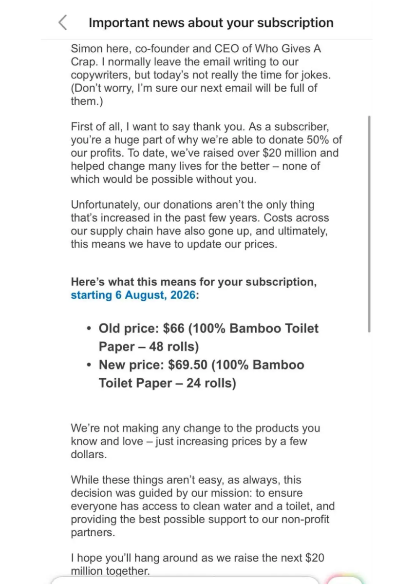 An image of Who Gives a Crap sending an email containing incorrect information to a customer
