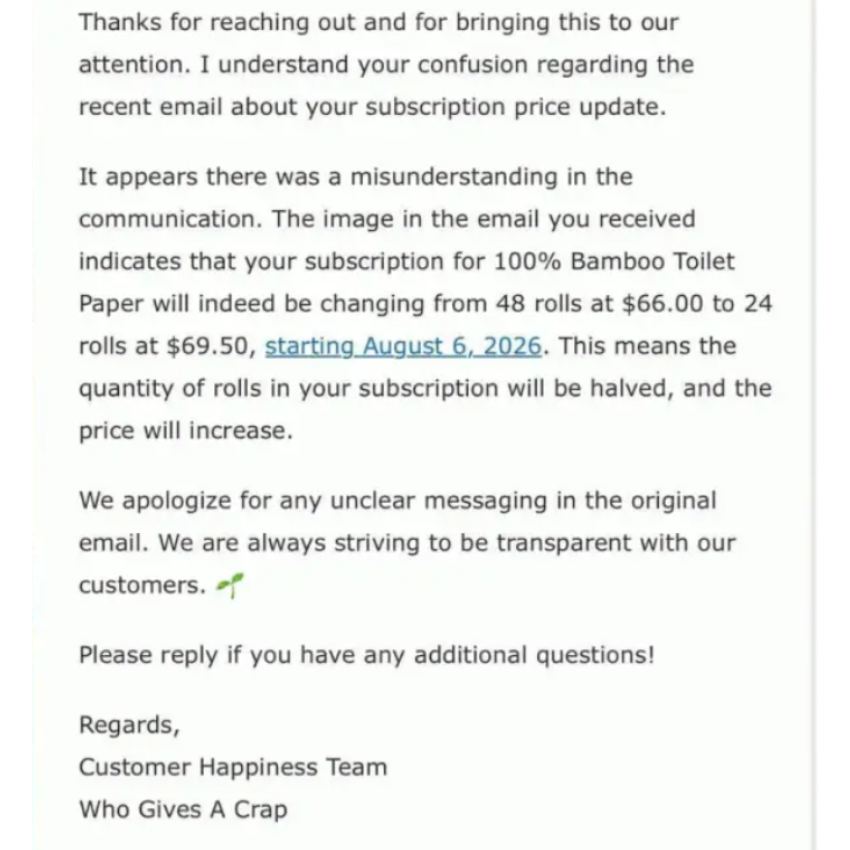 An image of Who Gives a Crap's AI agent reaffirming incorrect information to a customer